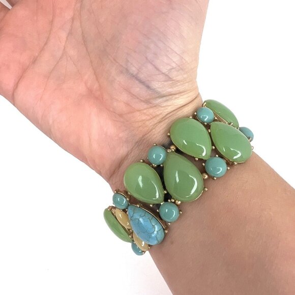 Teal  and Blue Goldtone Enamel Costume Jewelry  Bracelet Faux Jade and Turquoise - Picture 2 of 6